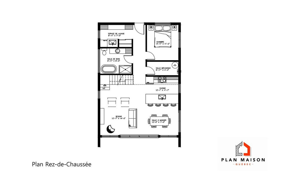Plan du rez-de-chaussée d'une maison scandinave avec mezzanine et aire ouverte