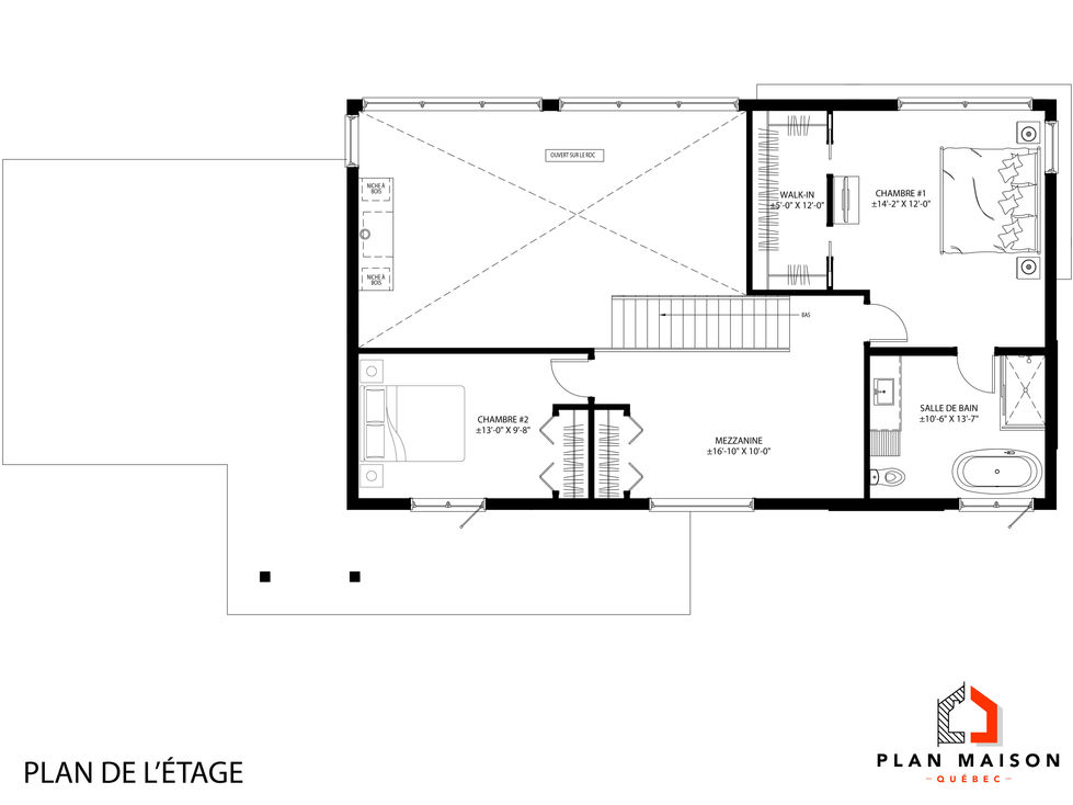 Plan de l'étage d'une maison moderne contemporaine avec mezzanine, chambres et salle de bain.