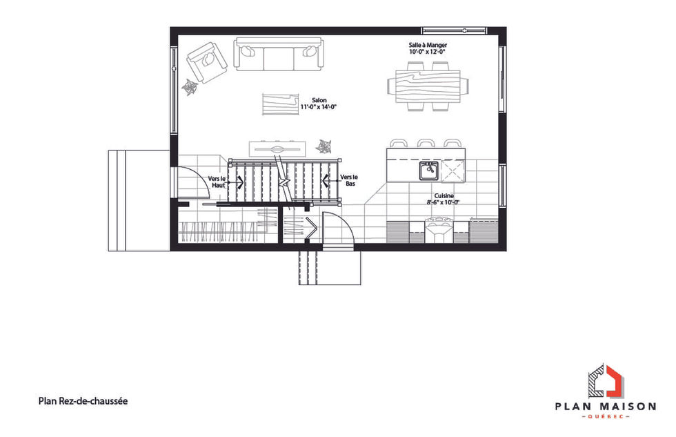 Plan du rez-de-chaussée d’une maison cubique contemporaine avec aire ouverte