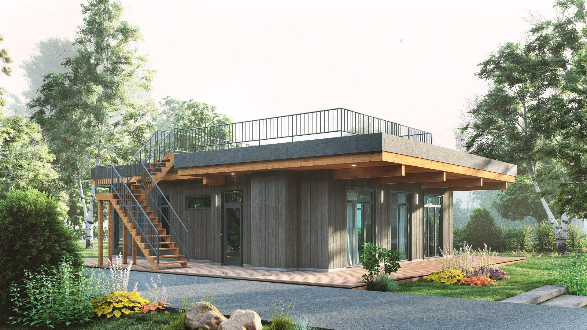 Plan de maison moderne de plain-pied avec toit plat et 2 chambres - Extérieur avant