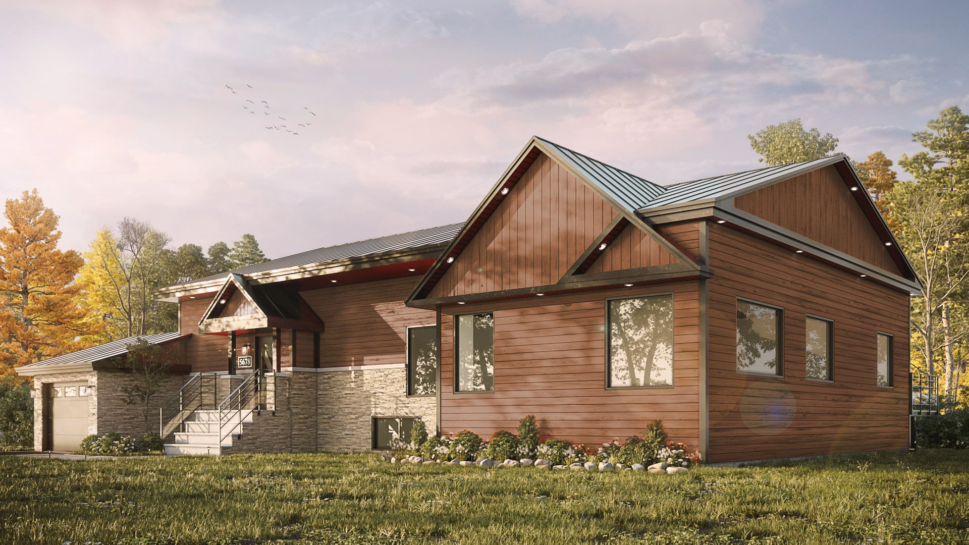 Plan de maison style contemporain rustique - Extérieur avant