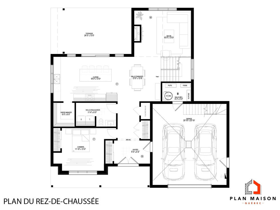 Plan du rez-de-chaussée d’une résidence champêtre contemporaine avec pierre naturelle