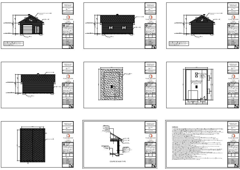 plans construction garage simple avec détails techniques et élévations