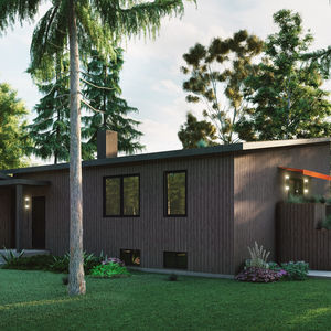 Maison contemporaine en bois avec sous-sol aménagé et garage vue de face.