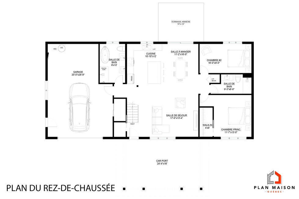 Plan du rez-de-chaussée d'une maison de campagne avec mezzanine habitable.