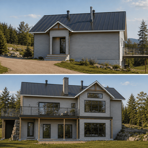 Construction d'un chalet en L avec rez-de-jardin vue avant droite sur terrain en pente.