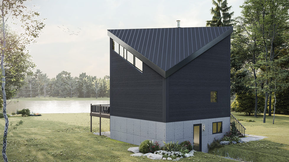 Vue arrière d’un chalet sur pilotis à toit monopente construit sur terrain en pente.
