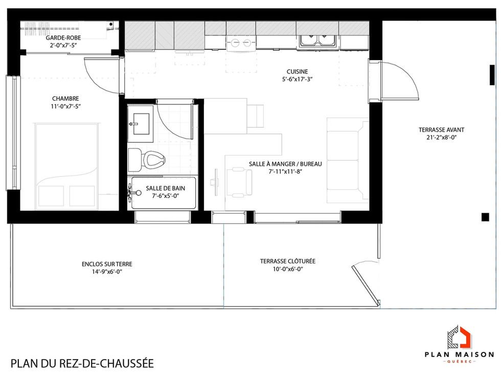 Plan du rez-de-chaussée d’une mini maison contemporaine à toit monopente avec chambre, cuisine et terrasse couverte