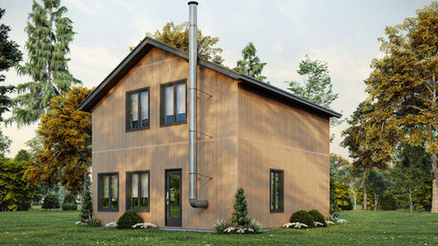 Micro maison nordique contemporaine avec revêtement extérieur en bois vertical