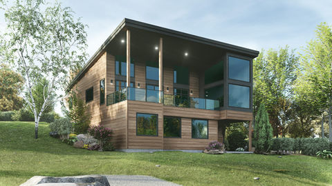 chalet moderne toit incliné avec grande terrasse vitrée