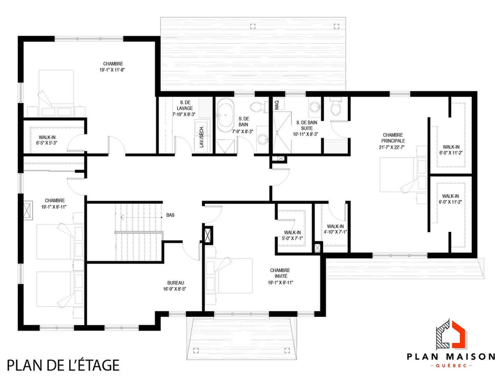 Plan de l’étage d’une maison farmhouse avec chambres, walk-in et salles de bain