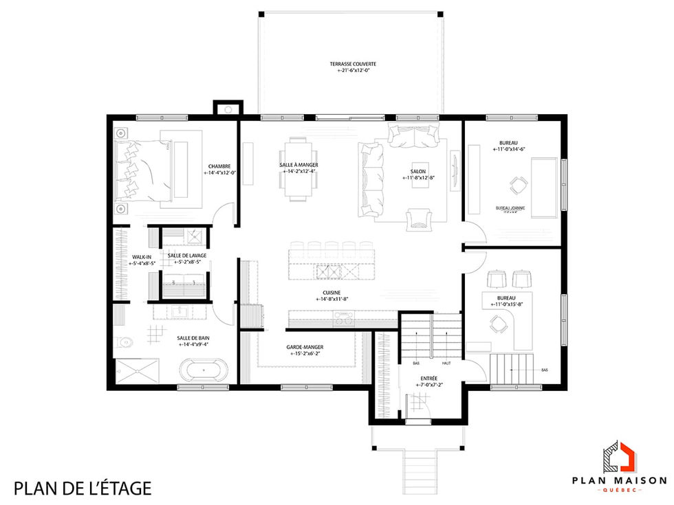 plan étage maison farmhouse avec rez-de-jardin et terrasse couverte
