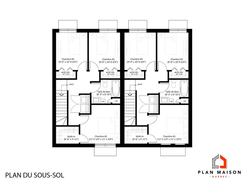 Plan du sous-sol d'un immeuble résidentiel à trois logements familiaux.