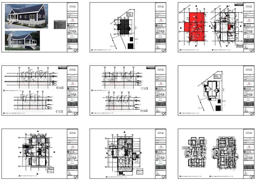Plans techniques d'une maison comprenant le remplacement de la fondation, le soulèvement de la résidence et la rénovation complète intérieure et extérieure.