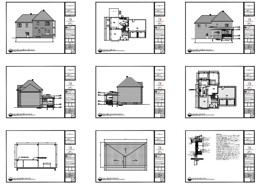Plans de construction d'un agrandissement arrière de 14 pi x 5 pi sur pieux avec nouveau balcon, comprenant les élévations, plans et détails techniques.