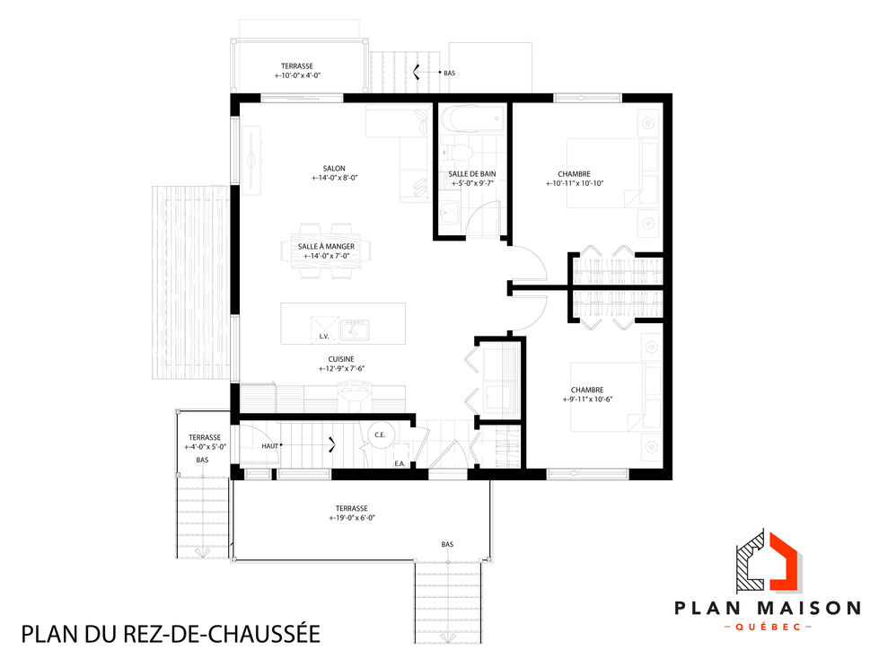 Plan du rez-de-chaussée d'un duplex moderne avec cuisine ouverte et espace de vie lumineux.