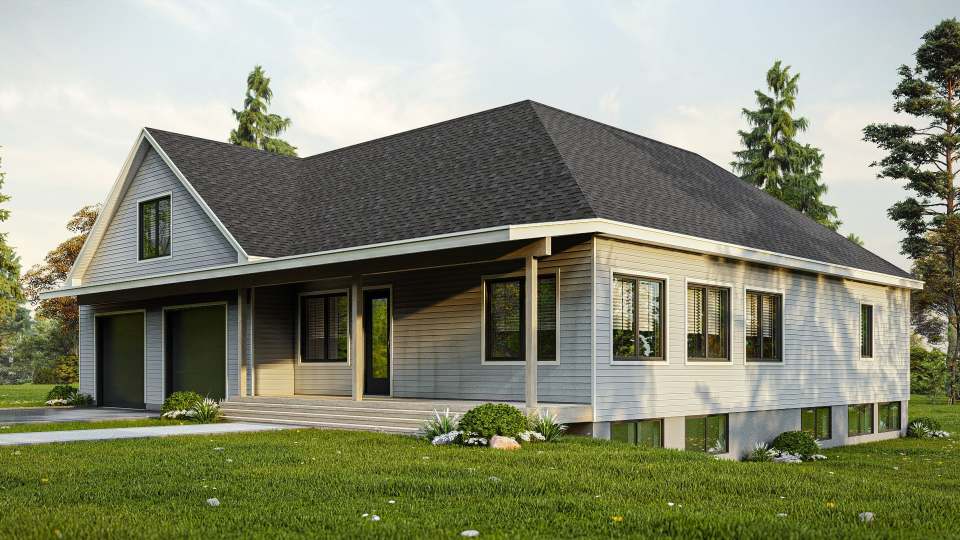 Plan de maison avec sous-sol semi-enterré - Extérieur avant