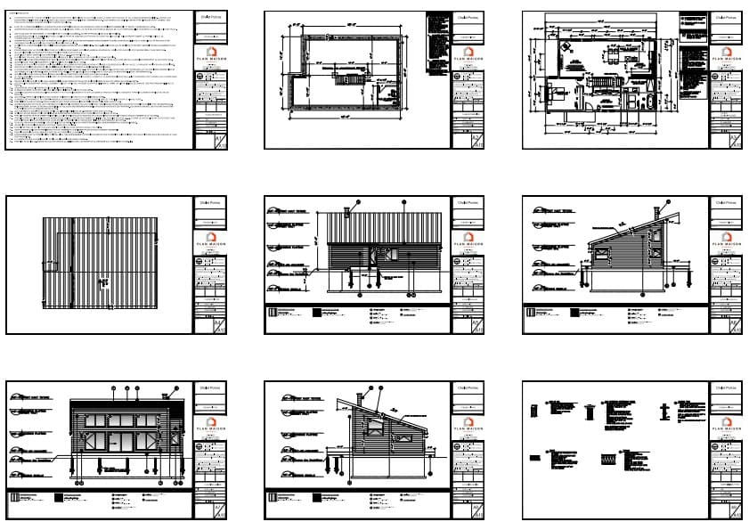 Plans de construction d'un chalet sur pieux à toit monopente avec une chambre au rez-de-chaussée et sous-sol non fini.