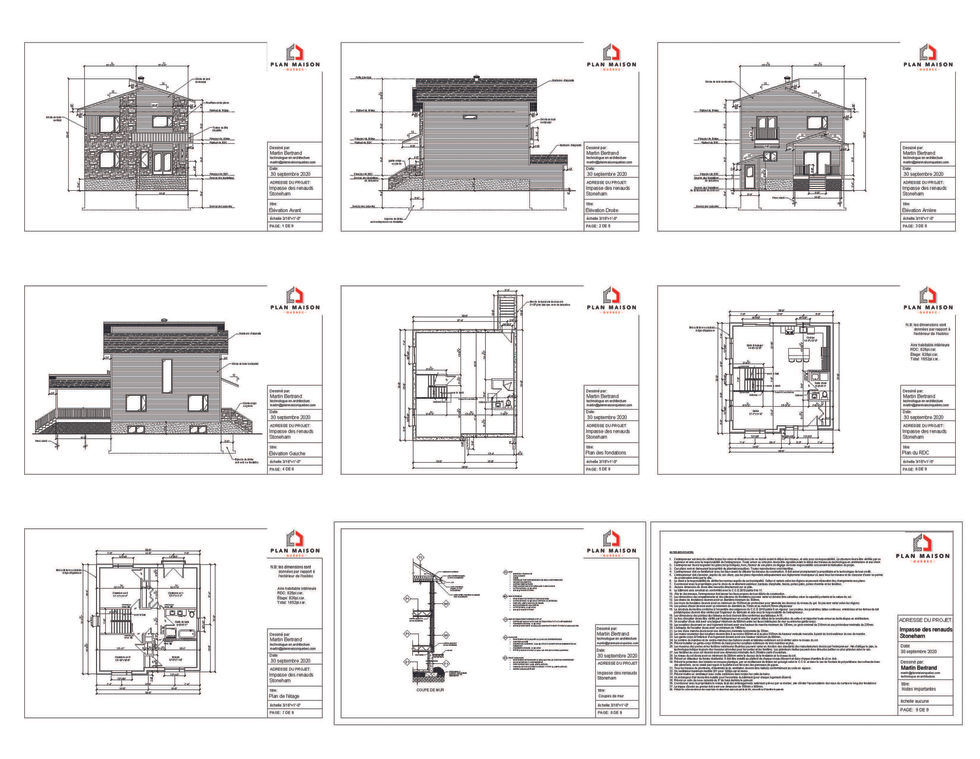 Plans techniques et élévations d’un plan de maison contemporaine deux étages.