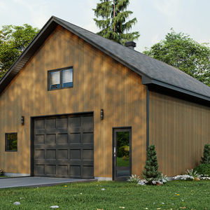Garage double en bois avec mezzanine et grande porte de garage foncée