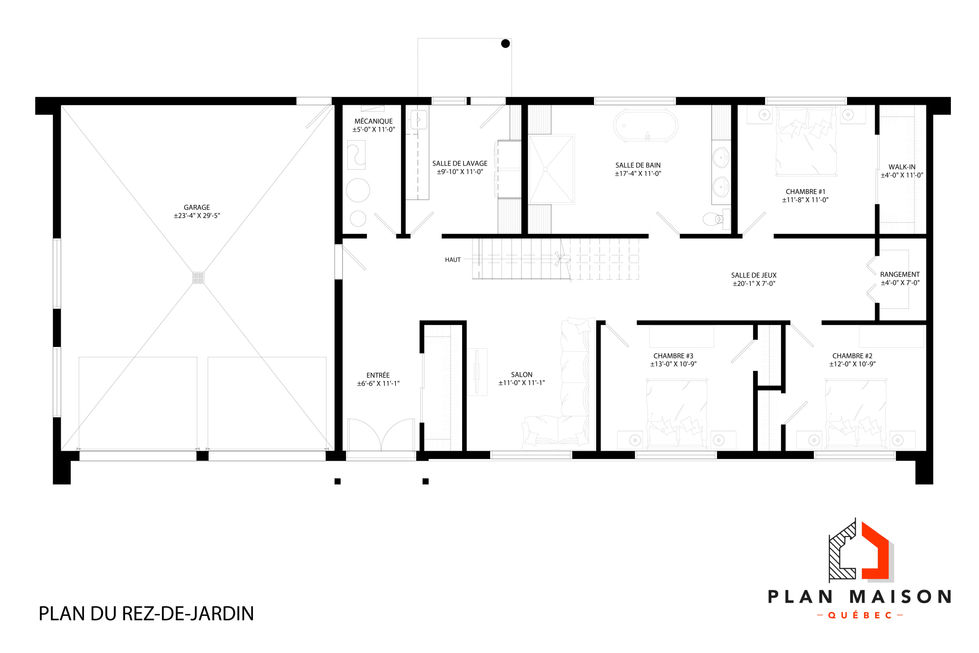 Plan du rez-de-chaussée d'une maison moderne à étage comprenant un garage double, trois chambres et une salle de jeux.
