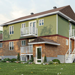 Façade avant d'une maison avec ajout d'étage pour appartement complet de deux chambres.