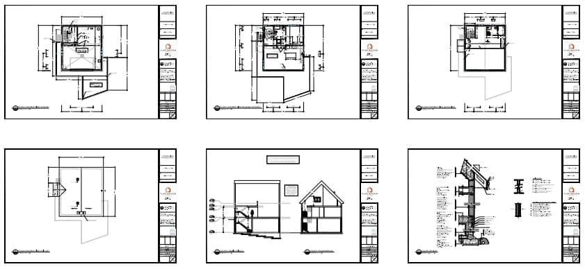 Coupes architecturales détaillées d’un chalet contemporain avec mezzanine