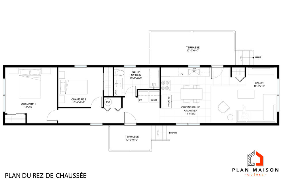 Plan du rez-de-chaussée d’une maison mobile rectangulaire 2 chambres.