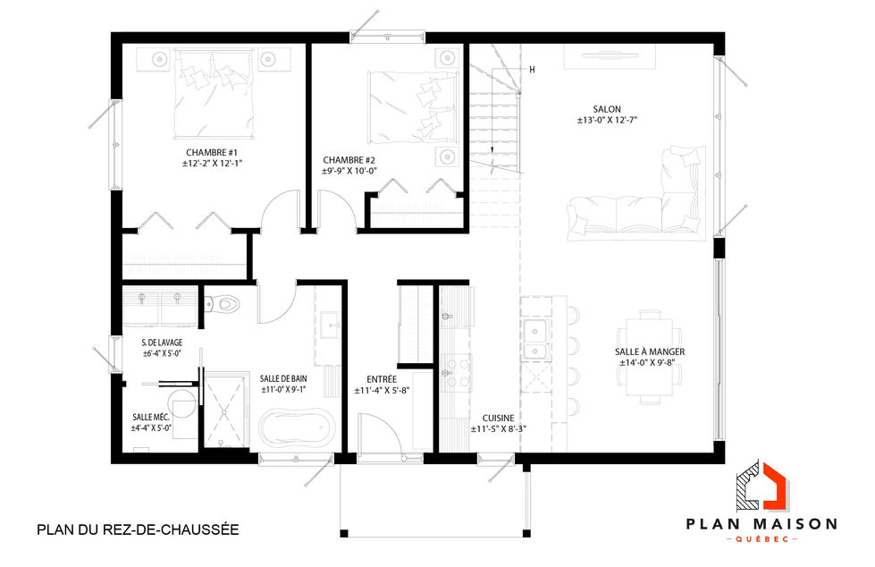 Plan du rez-de-chaussée d'une maison contemporaine avec plafond cathédral comprenant deux chambres et une aire ouverte.