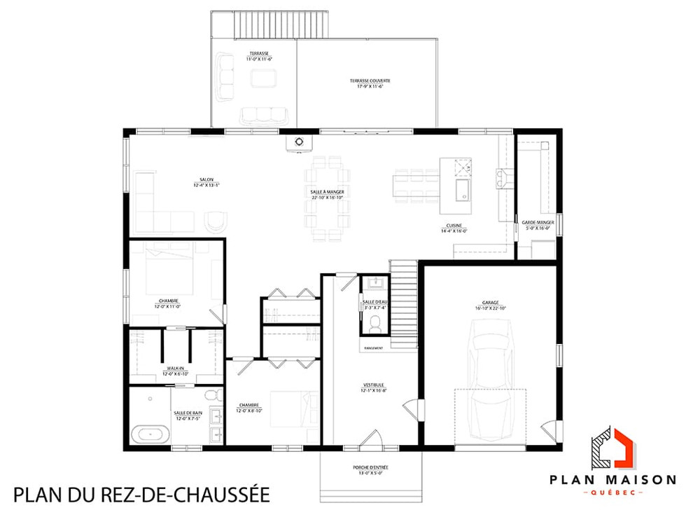 plan maison farmhouse moderne aire ouverte avec garage intégré