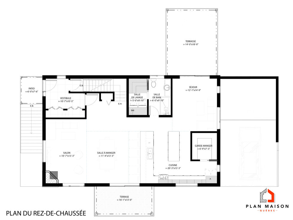 Plan du rez-de-chaussée d'une résidence moderne avec cuisine ouverte et terrasse.