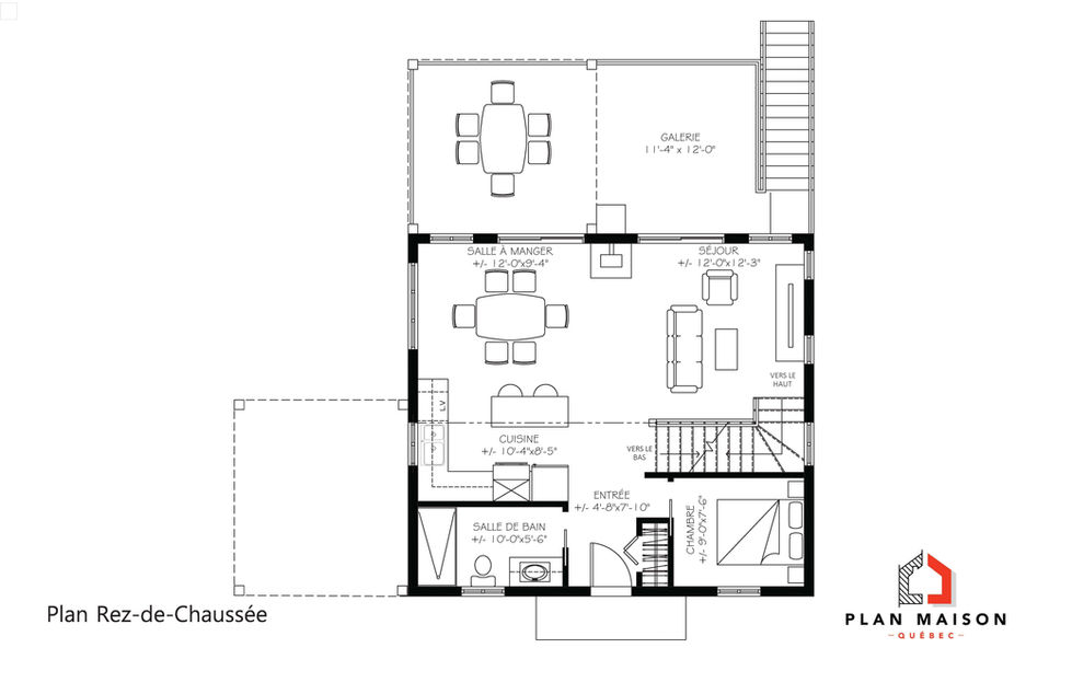 Plan de rez-de-chaussée de chalet contemporain avec aire ouverte et terrasse