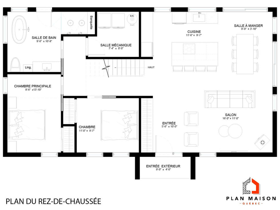 Plan architectural du rez-de-chaussée d'une maison contemporaine comprenant deux chambres, une aire ouverte et une salle de bain complète.