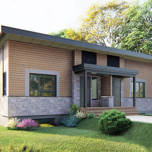Façade avant d’un jumelé contemporain en bois avec sous-sol aménagé