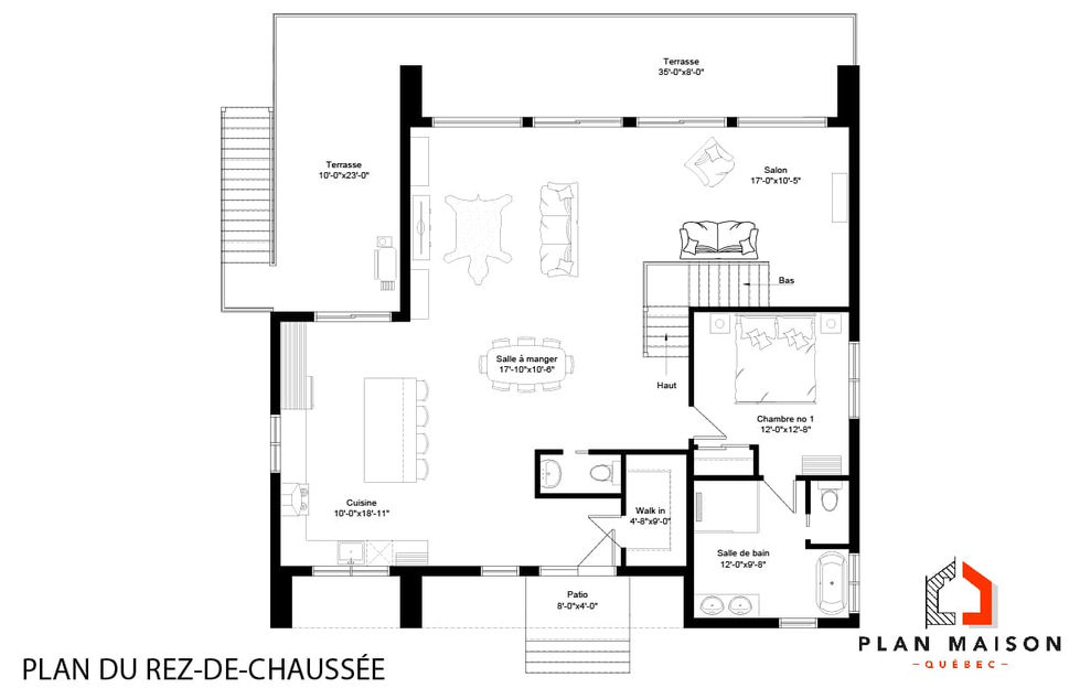 plan maison moderne mezzanine rez-de-chaussee aire ouverte cuisine salon
