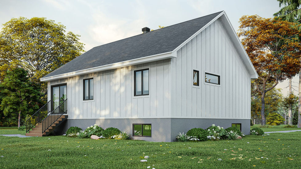 Architecture arrière d’une résidence farmhouse blanche avec sous-sol