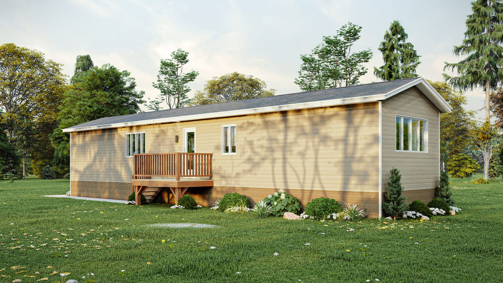 maison mobile en longueur avec galerie arrière design moderne