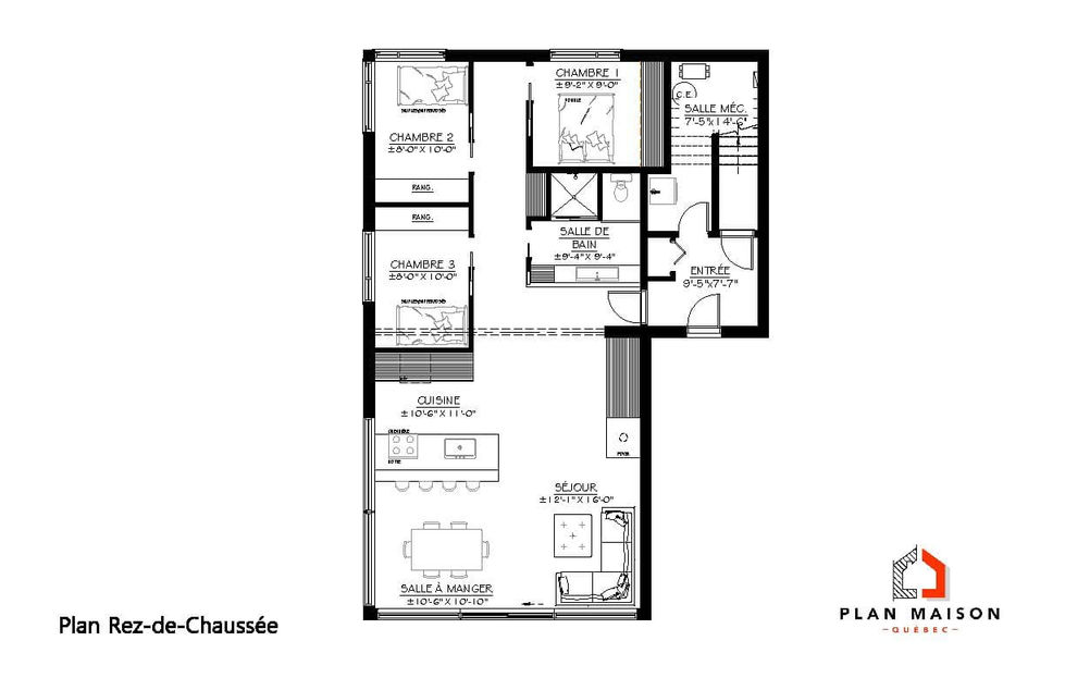 Plan rez-de-chaussée duplex contemporain avec aire ouverte