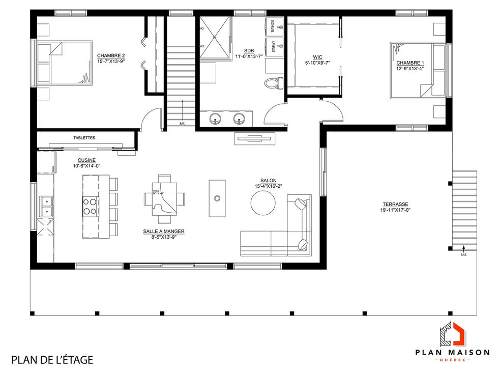 Plan de l'étage d'une maison contemporaine avec cuisine ouverte, deux chambres et terrasse couverte.