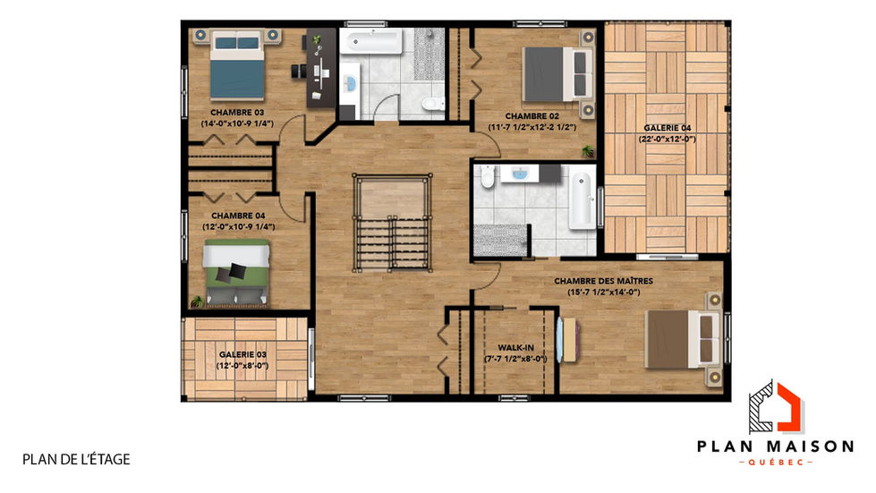 Plan étage maison multifamiliale contemporaine avec galerie couverte