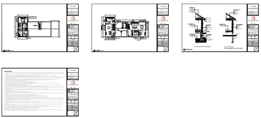 Plans techniques d'une extension résidentielle montrant l'aménagement intérieur, les coupes de construction et les détails architecturaux d'un logement intégré.