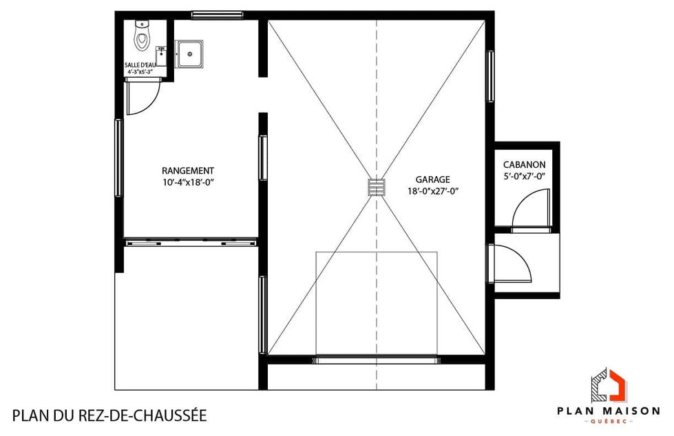 Conception de garage moderne avec espace de rangement, salle d’eau et cabanon