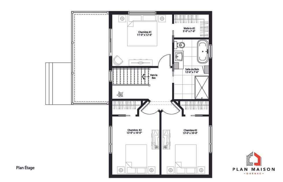 Plan d’étage d’une maison cubique contemporaine avec trois chambres