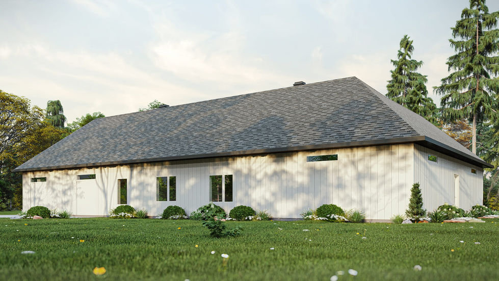 Vue arrière d’une résidence champêtre contemporaine avec toiture à forte pente et revêtement vertical clair.