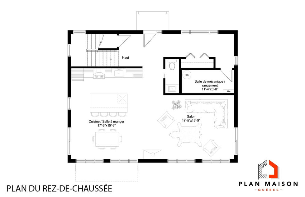 plan rez-de-chaussée maison contemporaine aire ouverte cuisine salon