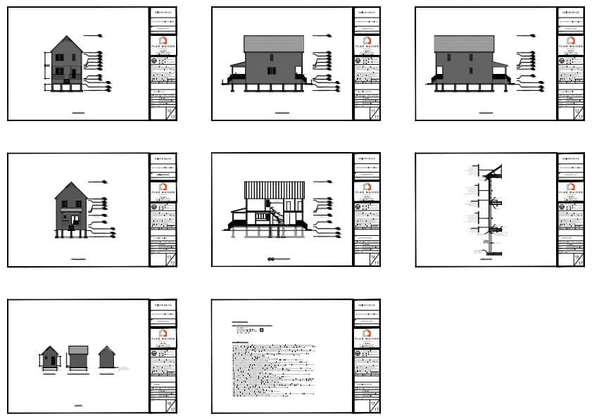 Élévations architecturales d’une maison traditionnelle noire construite sur terrain étroit.