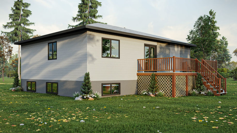 plan de bungalow contemporain avec sous-sol aménagé et terrasse arrière en bois