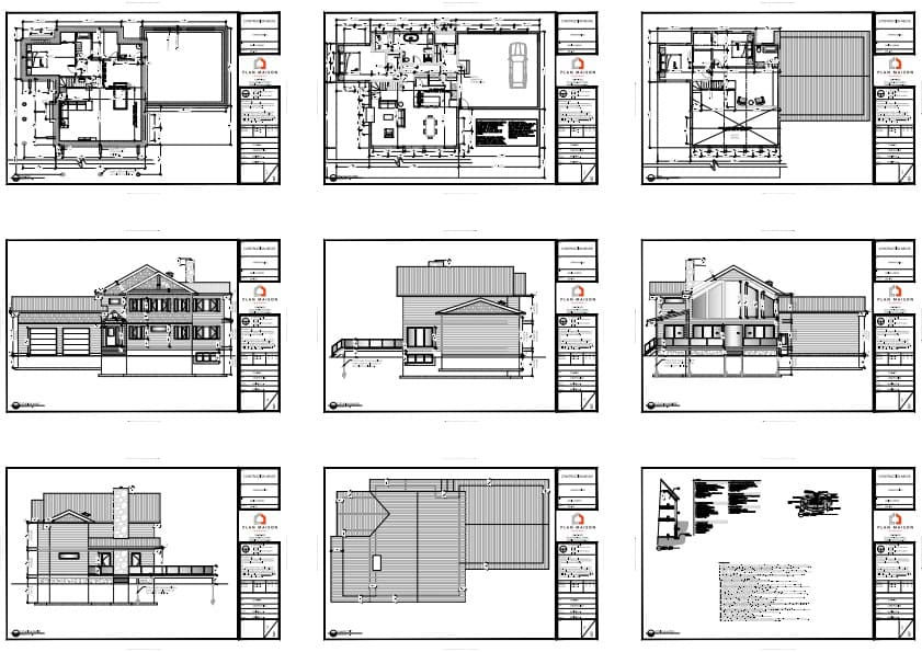 Plans techniques complets d'une maison contemporaine avec garage double.