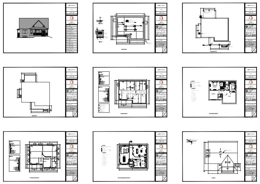 Plans techniques d'un plan de maison farmhouse avec 3 chambres et salle familiale au sous-sol.