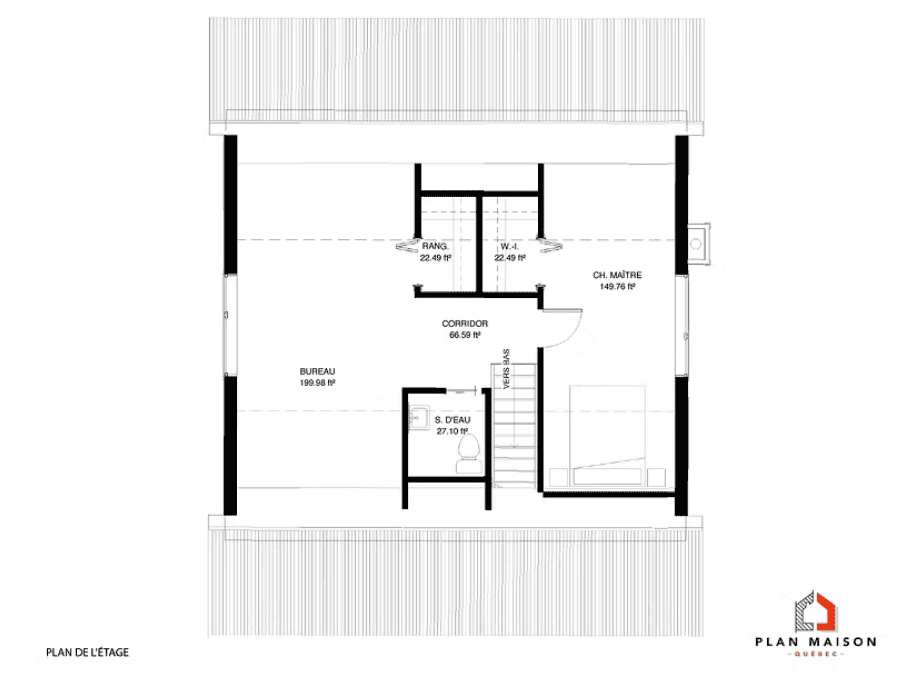 Plan de l’étage d’un chalet rustique avec bureau et chambre principale